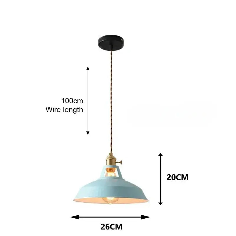 Industrial pastel metal pendant light with pale blue dome-shaped metal shade and brass finish hardware for kitchen use
