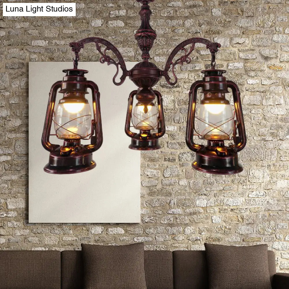Industrial Pendant Chandelier Light for Kitchen - Clear Glass with Black/Silver/Red Lantern Design