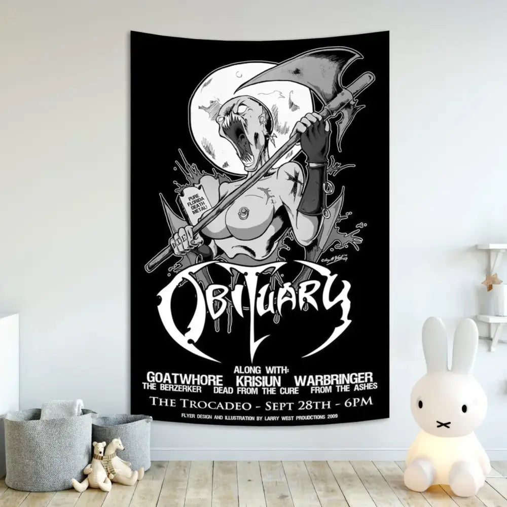 Black and white graphic death metal tapestry featuring obituary logo with skeletal figure and axe for living room decor