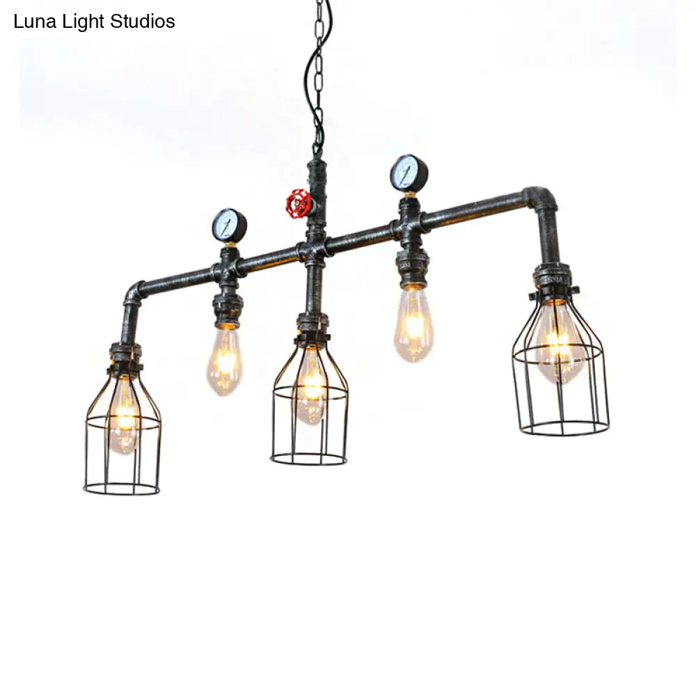 DecorBites™ Industrial Silver Island Lighting with 5 Bulbs, Metallic Caged Hanging Lamp, Pipe, and Pressure Gauge