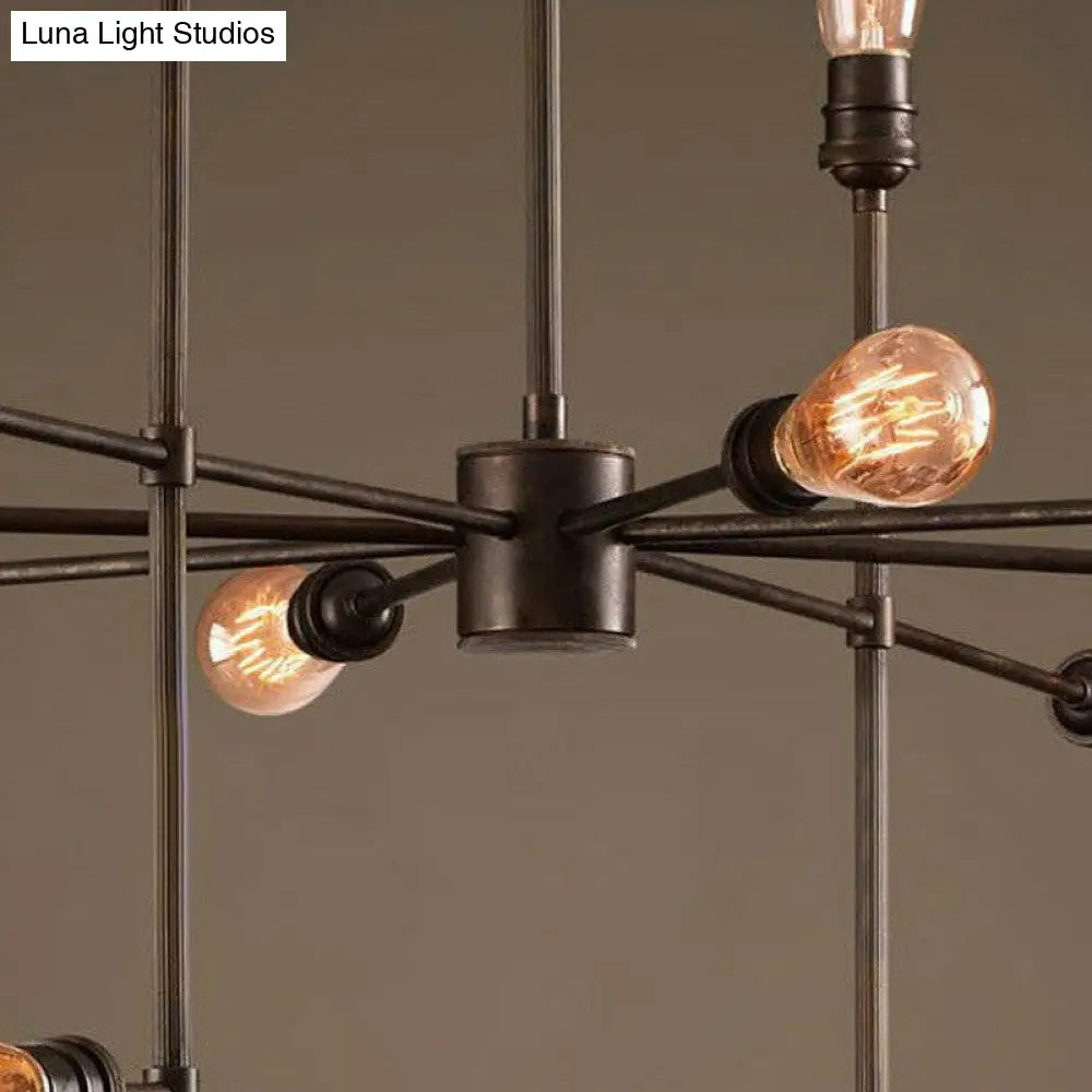 Industrial Style 4-Sided Chandelier – 16 Bulbs, Black Metal - Ideal for Living Room Ceiling