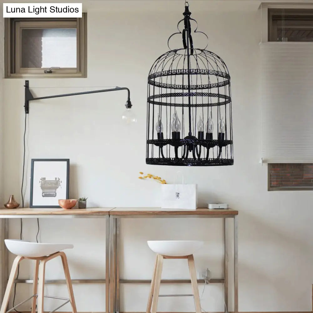 Industrial Style Bird Cage Hanging Light with Candle - Black Metallic Chandelier Lamp for Bedroom - 3/6 Bulbs