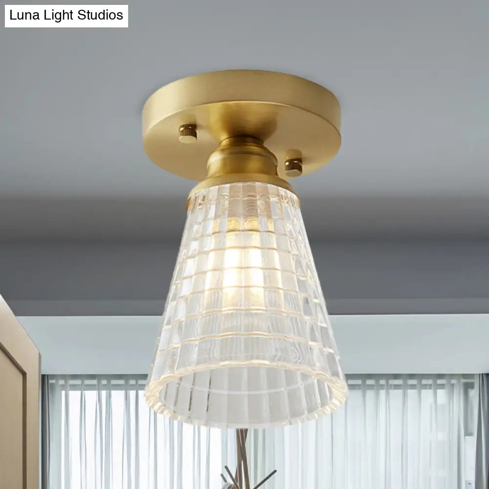 DecorBites™ DecorBites™ Industrial-Style Cone Glass Ceiling Light - Single Bulb Semi Flush Mount Fixture in Brass with Clear Textured Glass for Living Rooms