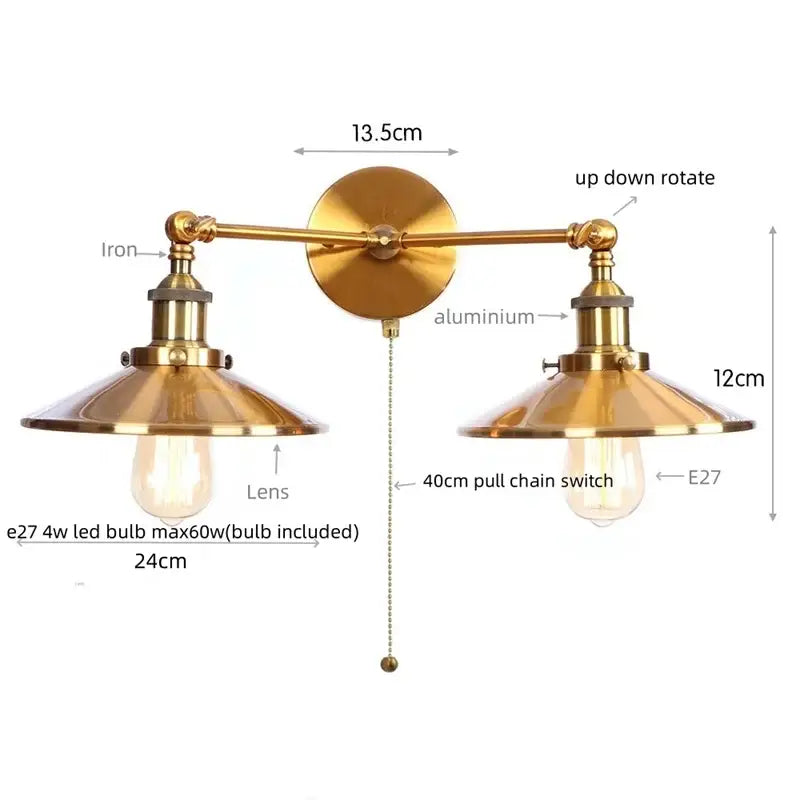 Brass-finished industrial vintage double wall light with two adjustable conical lampshades and pull-chain switch decorbites industrial vintage