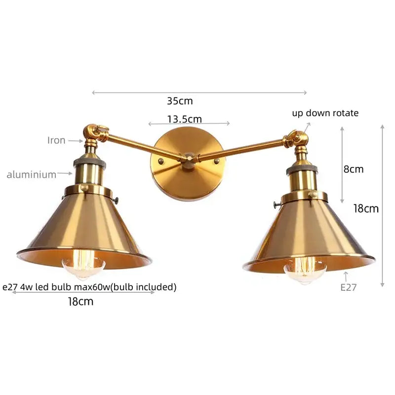 Brass-finished industrial vintage led double arm wall light with adjustable conical shades for bedroom decorbites industrial vintage