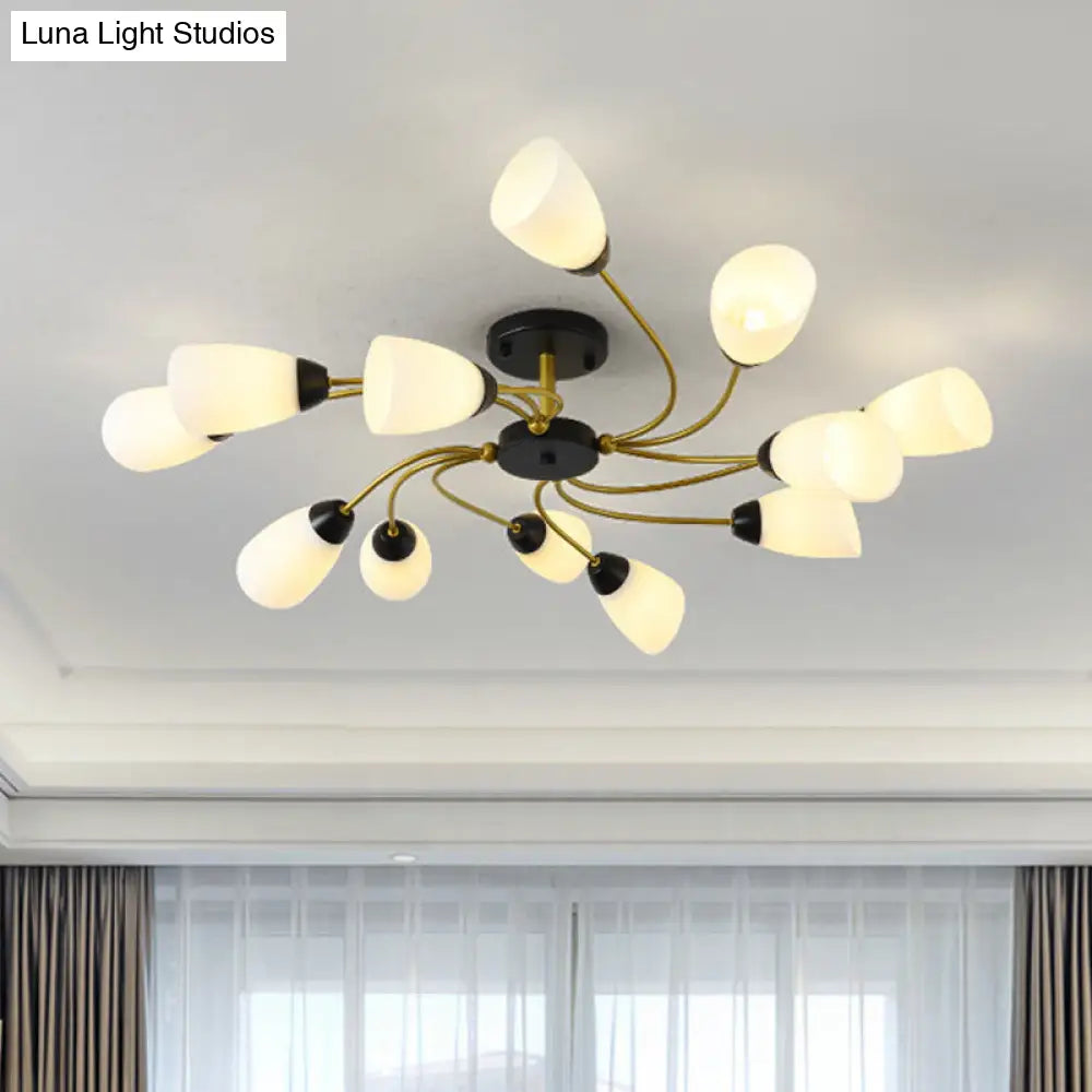 DecorBites™ DecorBites™ Iron Black/Gold Ceiling Spiral Semi Flush Mount Light with Tapered White Glass Shade - 9/12-Head Traditional Fixture