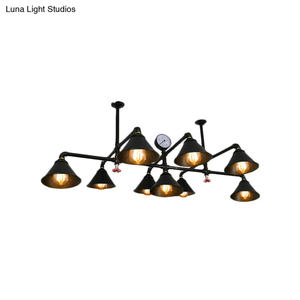 Iron Chandelier Pendant Light with Cone Shade - Industrial 9 Lights for Living Room - Black Finish
