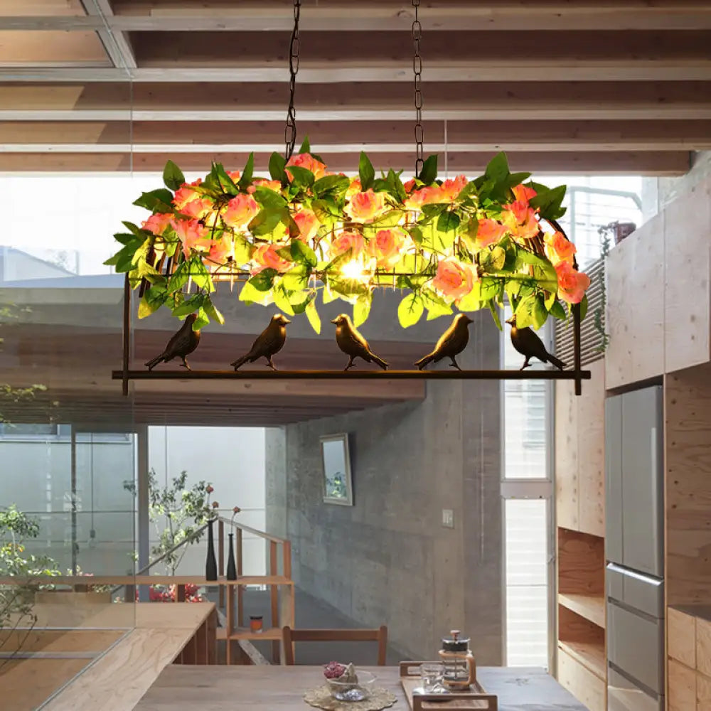 DecorBites™ Iron Industrial Birdcage Island Pendant with Down Lighting and Rose Decoration - Black Finish