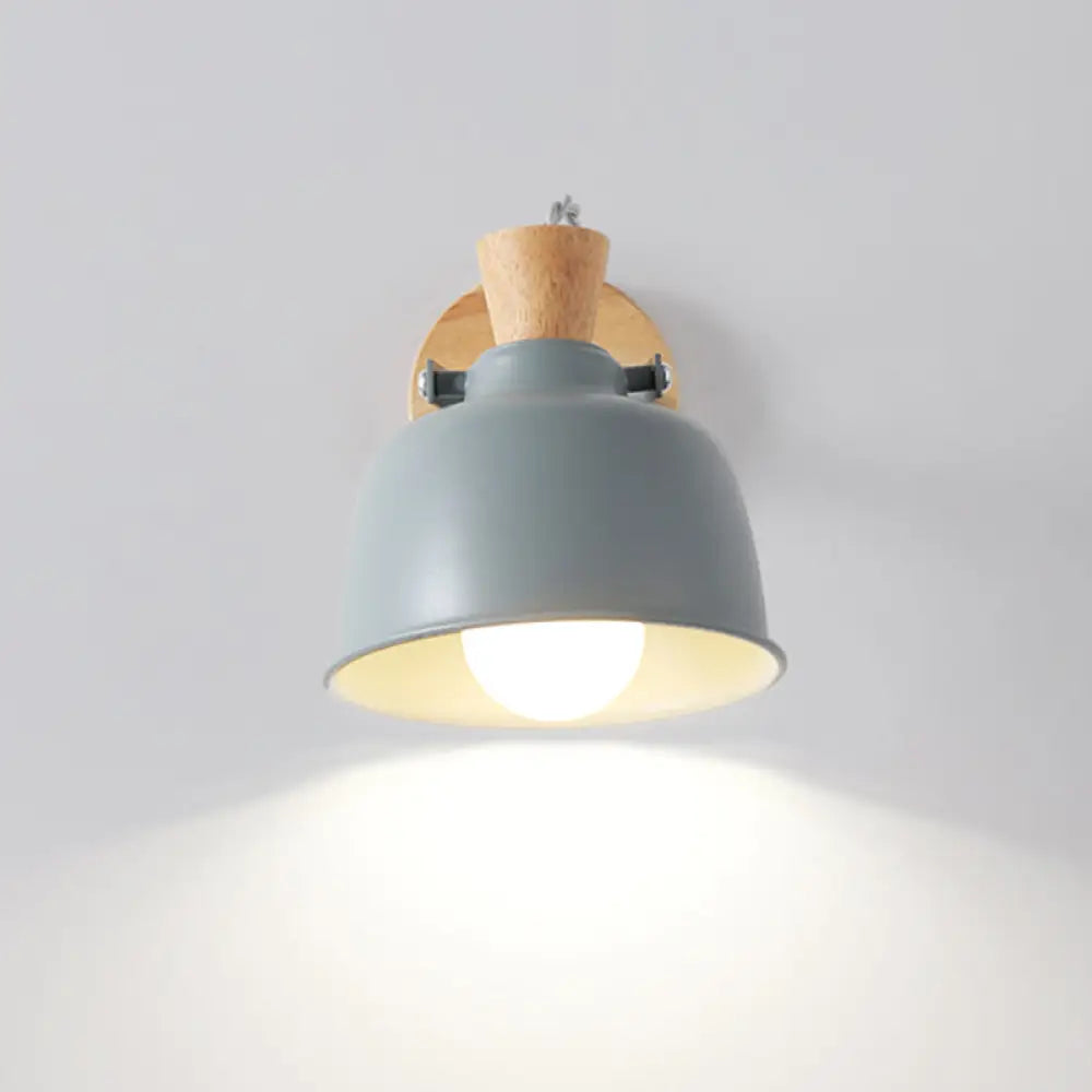 DecorBites™ Iron Macaron Handle Wall Sconce Lamp - Bowl Bedside Light Fixture in Grey/Black with Wood Top