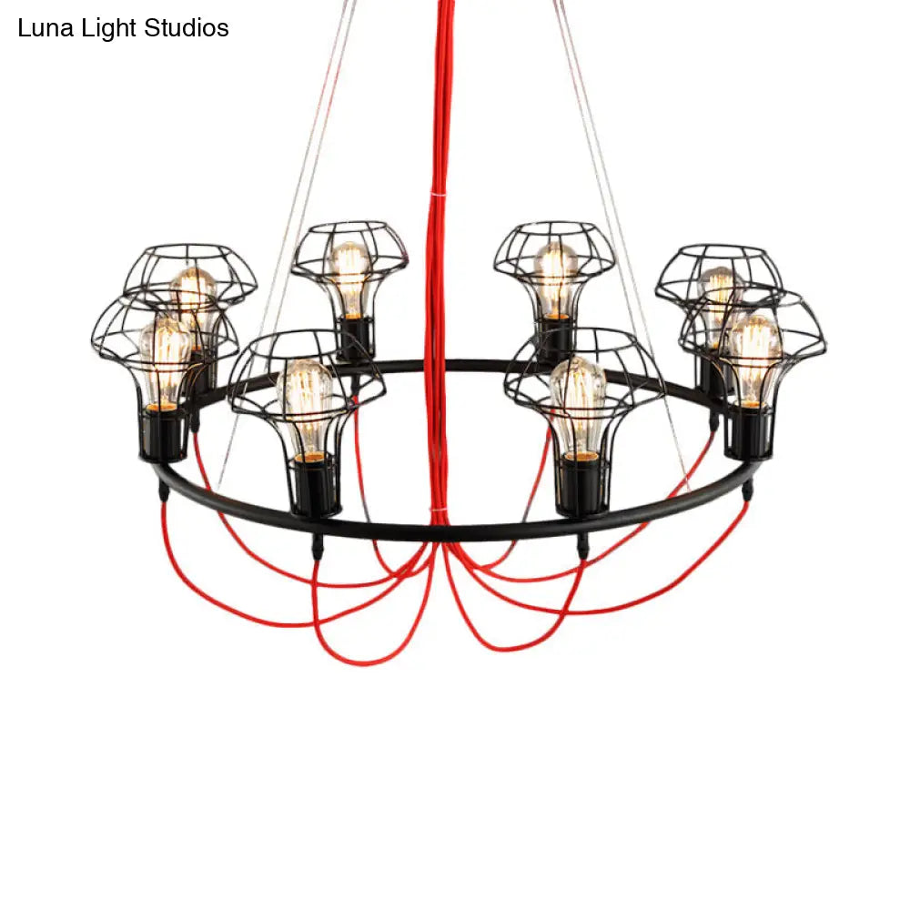 Iron Mushroom Cage Chandelier Light Industrial Pendant Lamp - 8 Heads, Black - Ideal for Restaurants