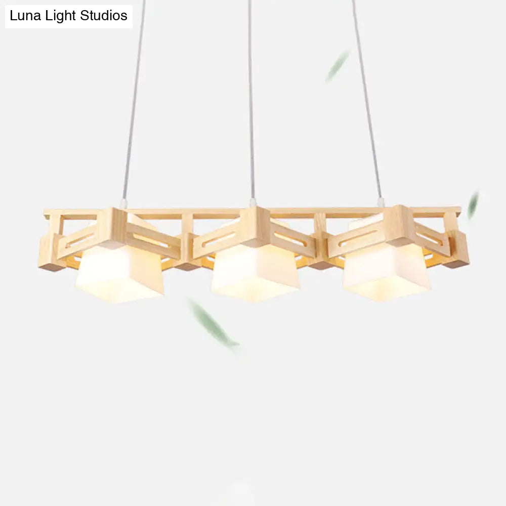 مصباح معلق ياباني من ديكوربايتس™: زجاج كريمي شبه منحرف، مصباح معلق بثلاث مصابيح لغرفة الطعام أو جزيرة المطبخ، قاعدة خشبية