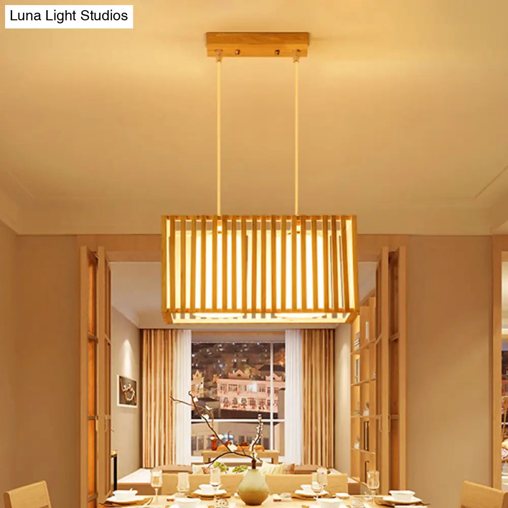 DecorBites™ Japanese Style 2-Head Pendant Lighting for Dining Table - Rubber Wood Cuboid Cage Island Light