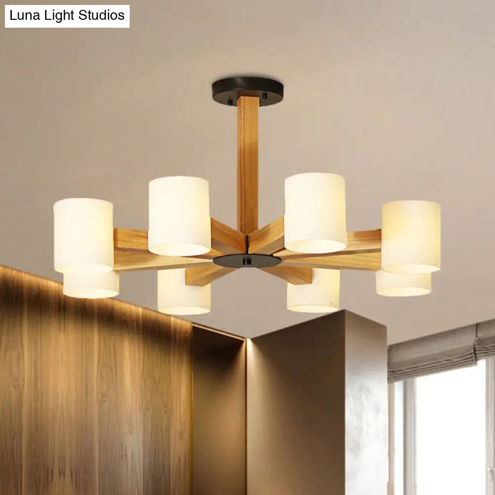 Japanese Style Pendant Chandelier with White Glass Shade and Wood Accents for Bedroom Lighting