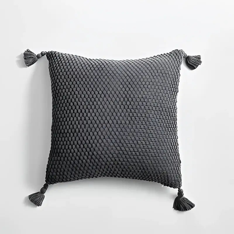 Gray knitted throw pillow with tassels at each corner from decorbites knitted grey ivory geometric pillow cover set
