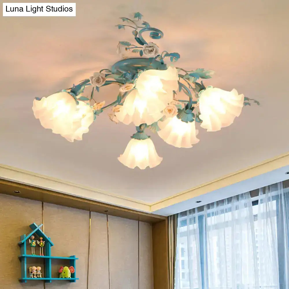 DecorBites™ DecorBites™ Korean Garden Flower Frosted Glass Semi Flush Mount Ceiling Light - 7/9 Lights - White/Pink