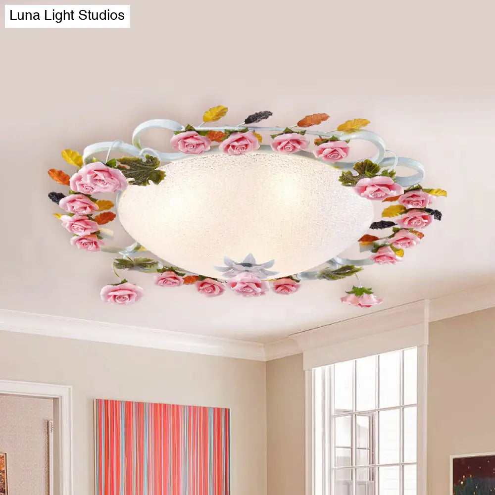 DecorBites™ DecorBites™ Korean Garden LED Flush Mount Ceiling Light with Pink Rose Accents - White Glass - 23.5"/27.5" Width