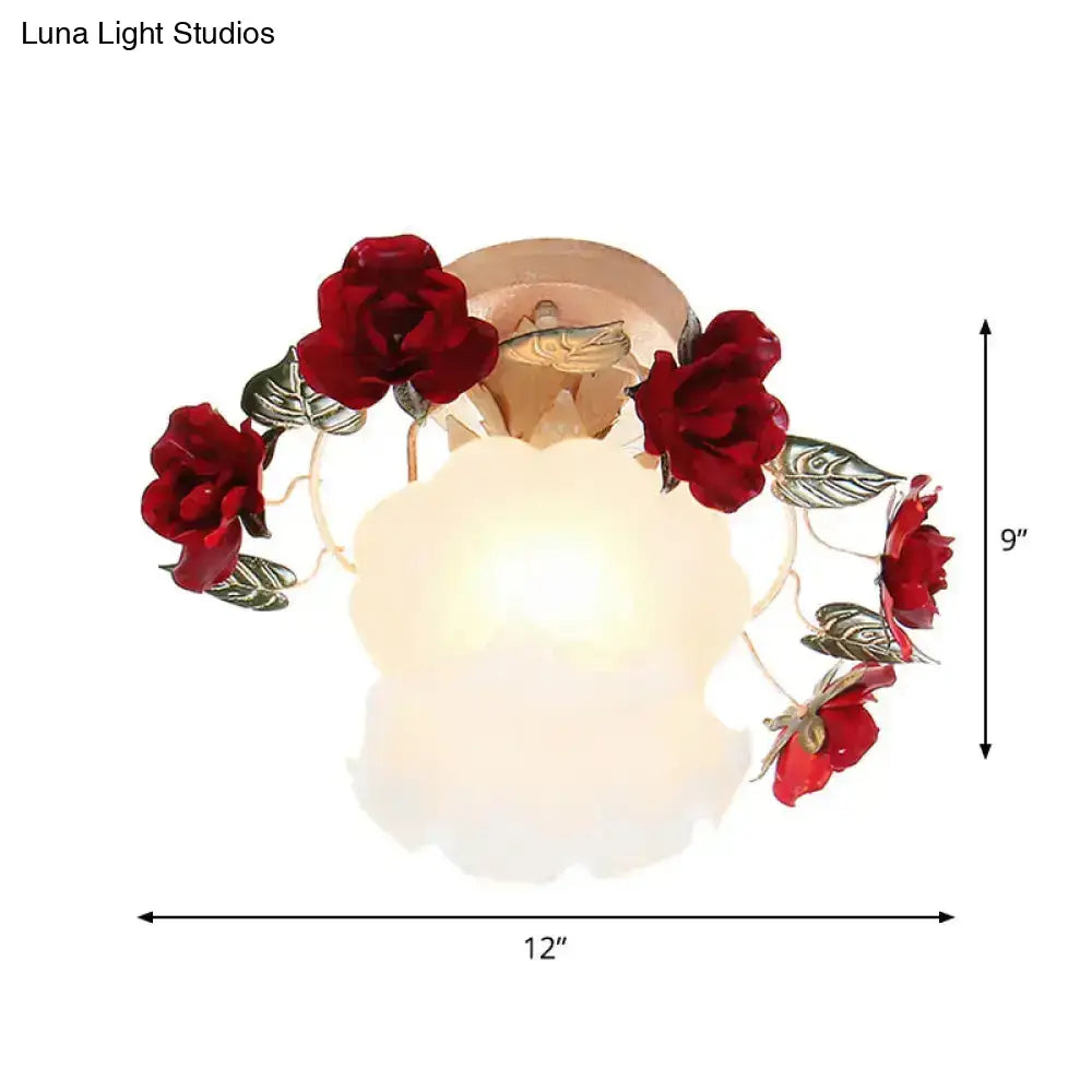 DecorBites™ Korean Garden Ruffle Semi Flush Mount Lamp - Frost White Glass Ceiling Light with Red Rose Deco