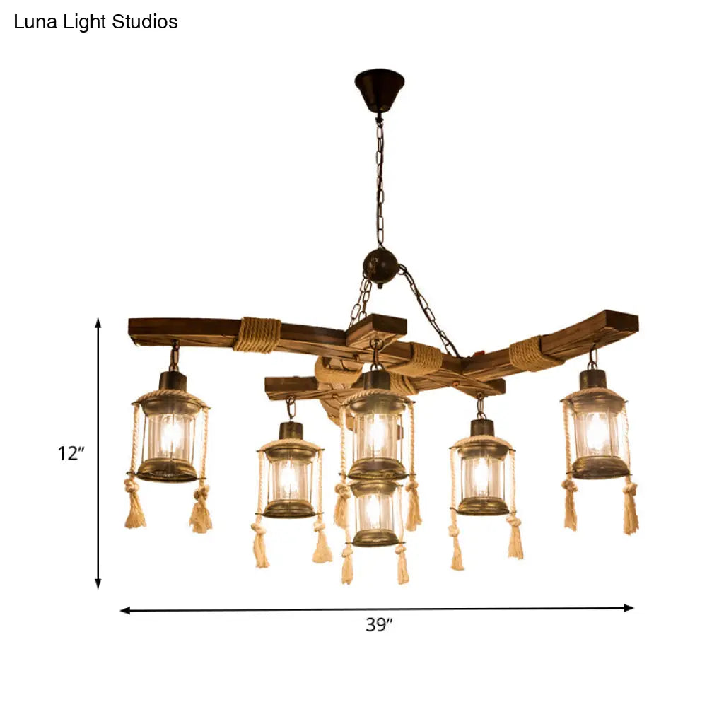 ديكوربايتس™ فانوس إضاءة جزيرة المطعم - مصباح معلق من الزجاج الشفاف والخشب مع 6 مصابيح