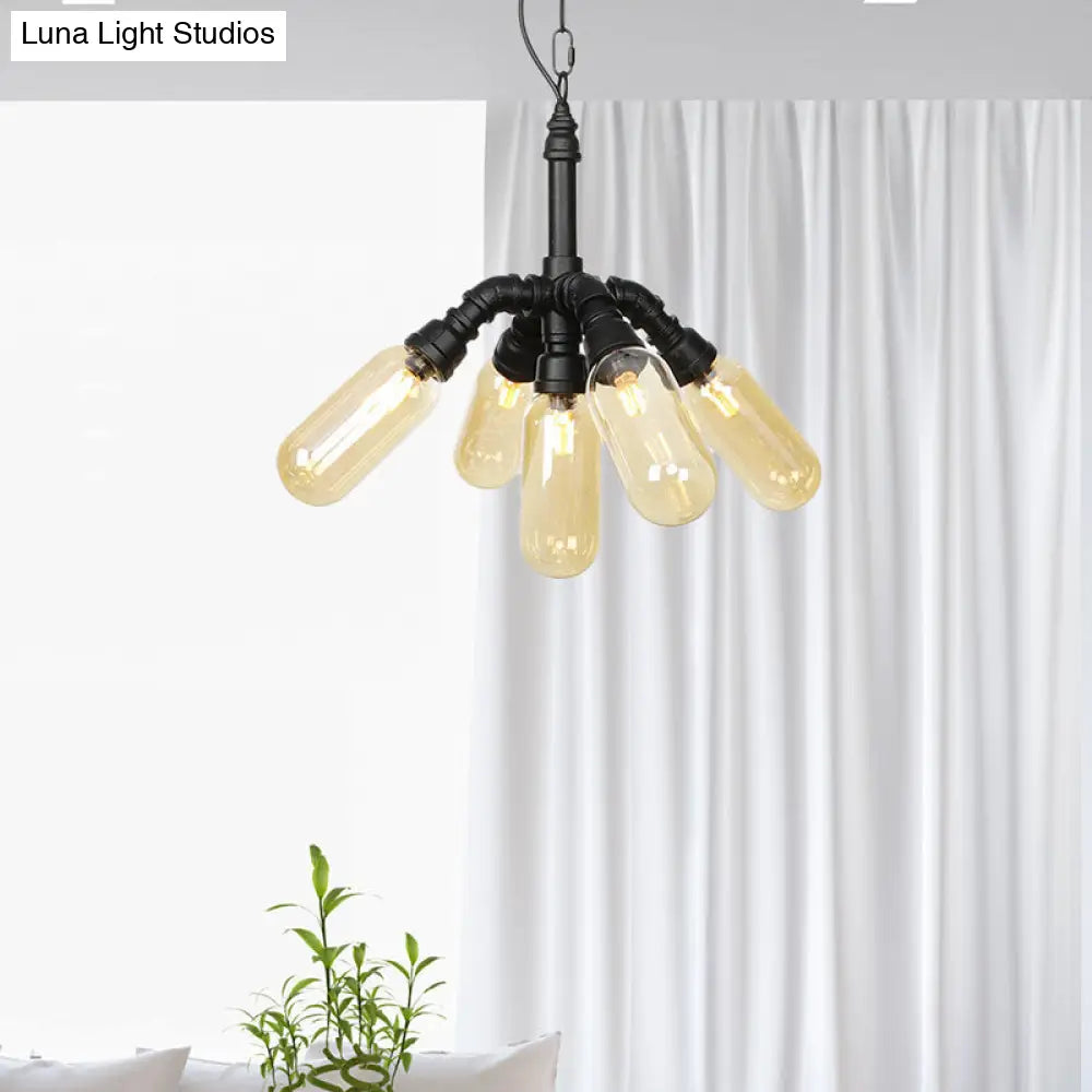 Laura - Antiqued 2/3/5 Heads Metal Hanging Light Antiqued Black Finish Sputnik Pipe Bar Chandelier with Capsule Amber Glass Shade