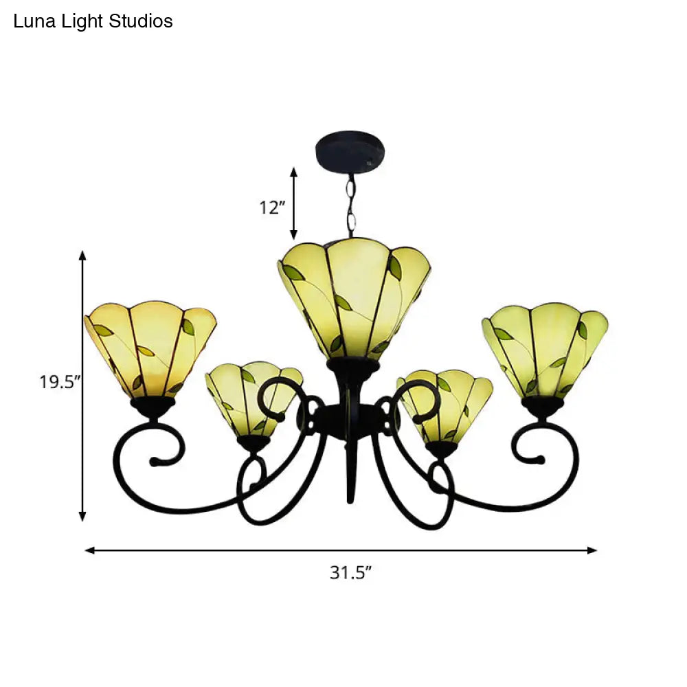 Leaf Chandelier Pendant Light with Stained Glass, 5 Lights, Loft Style in Beige