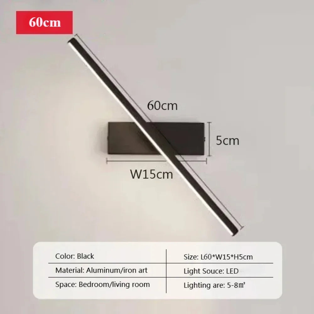 Black LED wall lamp with dimensions.