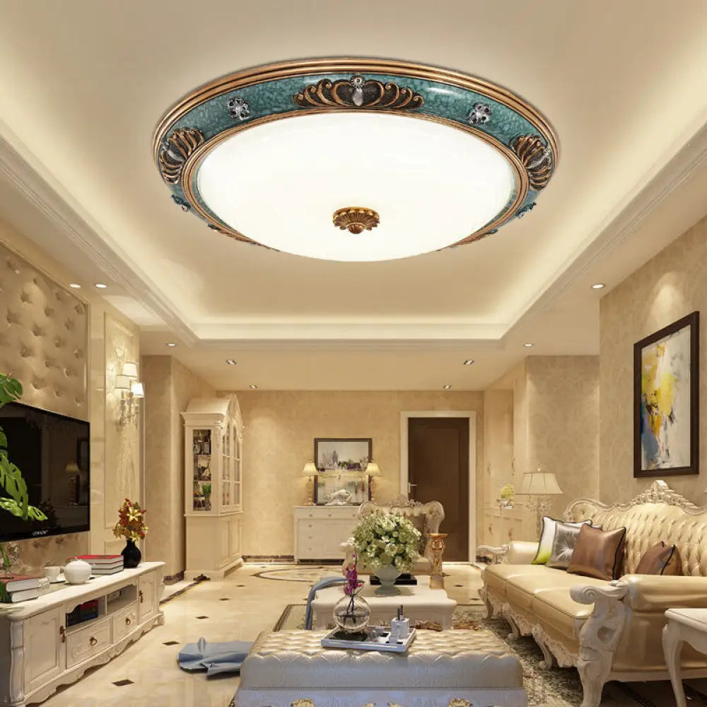 DecorBites™ DecorBites™ LED Flush Light Fixture with Milky Glass and Traditional Green Crown Design - Wide Sizes Available in Warm or White Light for Living Room Ceiling Lighting