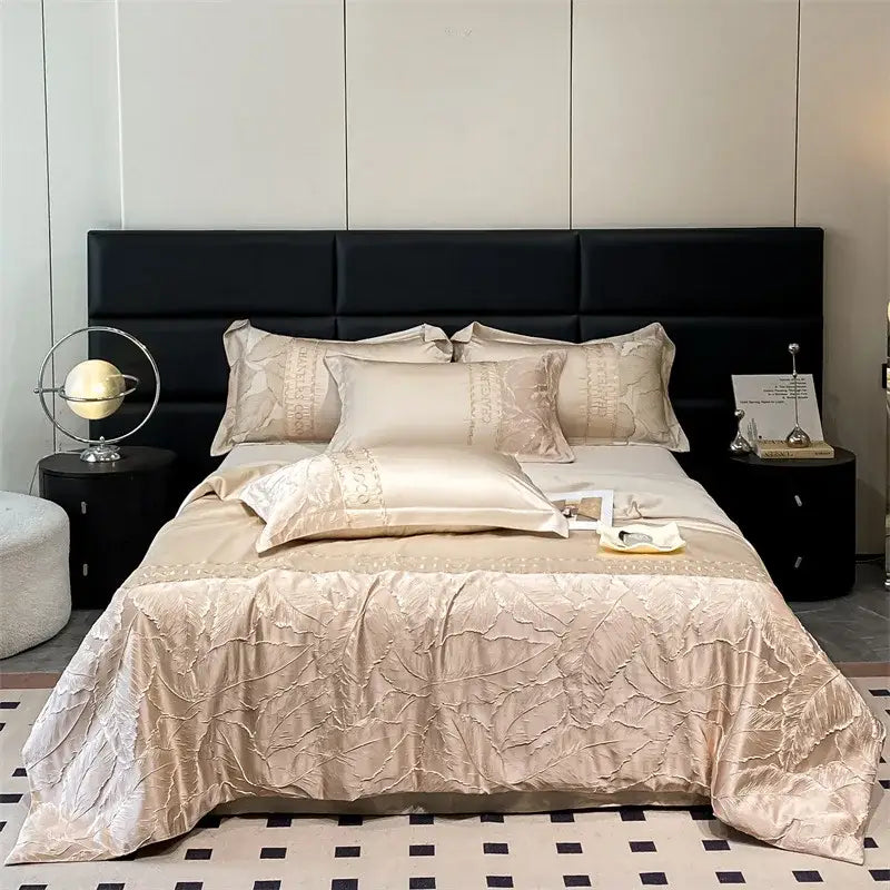 Beige satin ice silk summer quilt with textured gold leaf embroidery and matching pillowcases for decorbites ice silk use