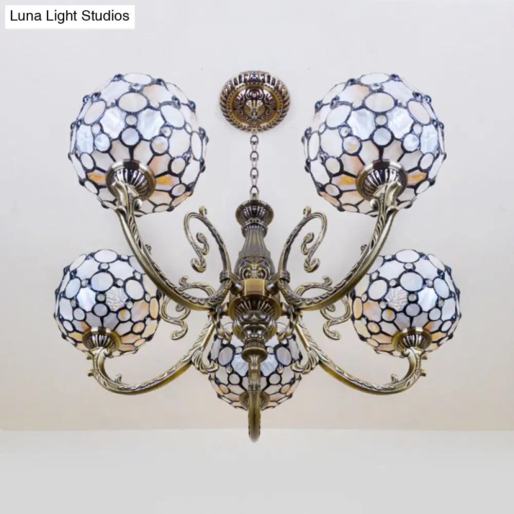Lodge Bowl Pendant Stained Glass Chandelier - 5-Light White Hanging Fixture with Chain