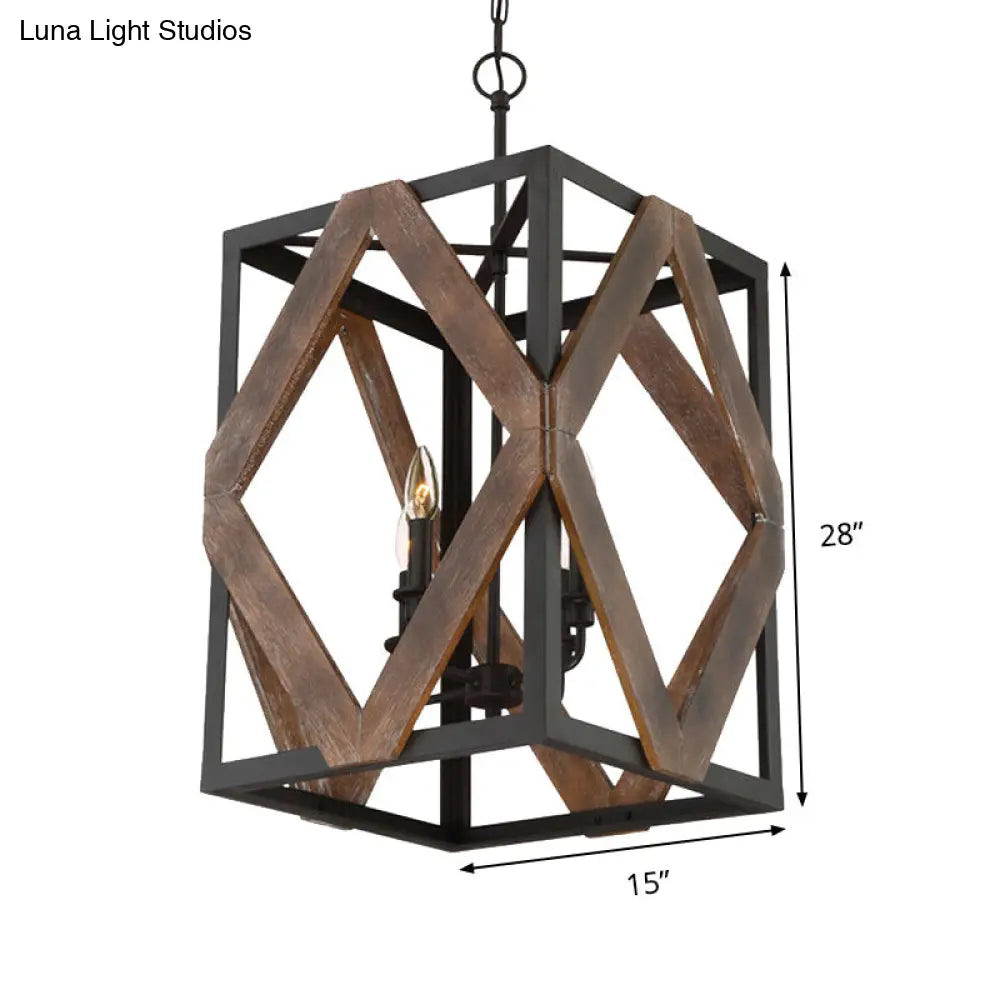 Lodge Style Black Metal Pendant Light with Wooden Rhombus Accents - 4-Light Rectangle Cage Hanging Lamp