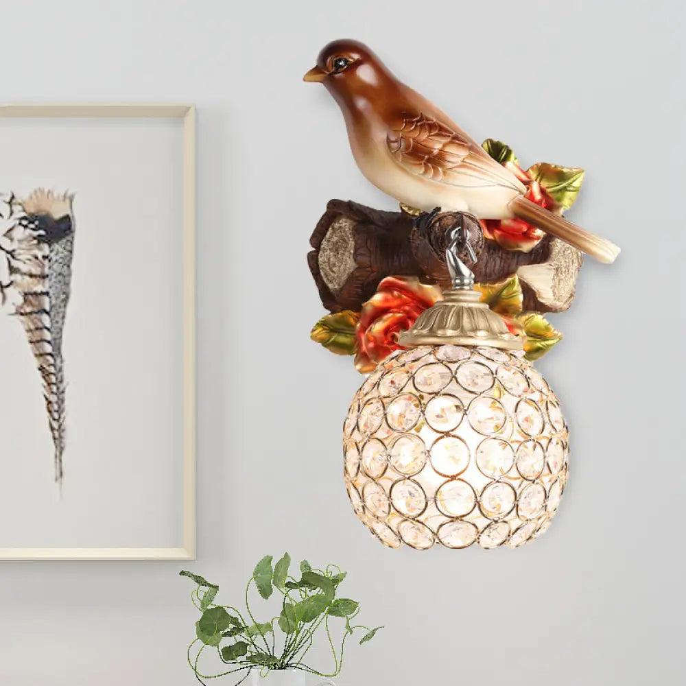 DecorBites™ Lodge Style Resin Bird Wall Sconce Light with Crystal Global Shade