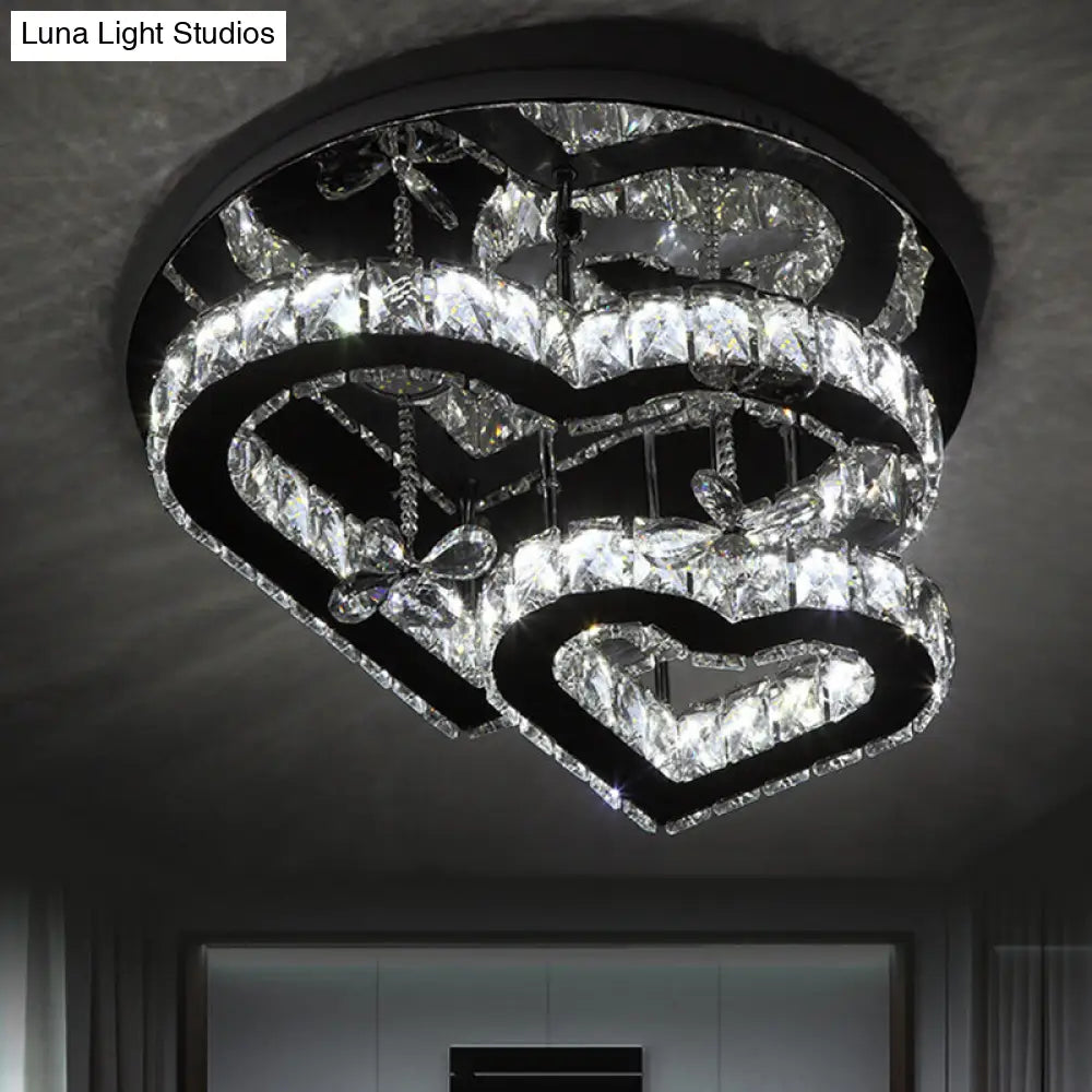 DecorBites™ DecorBites™ Loving Heart Ceiling Flush Light with Maple Leaf Charm - 2 Tiers, Stainless Steel Mirror Crystal Bedroom LED Lamp