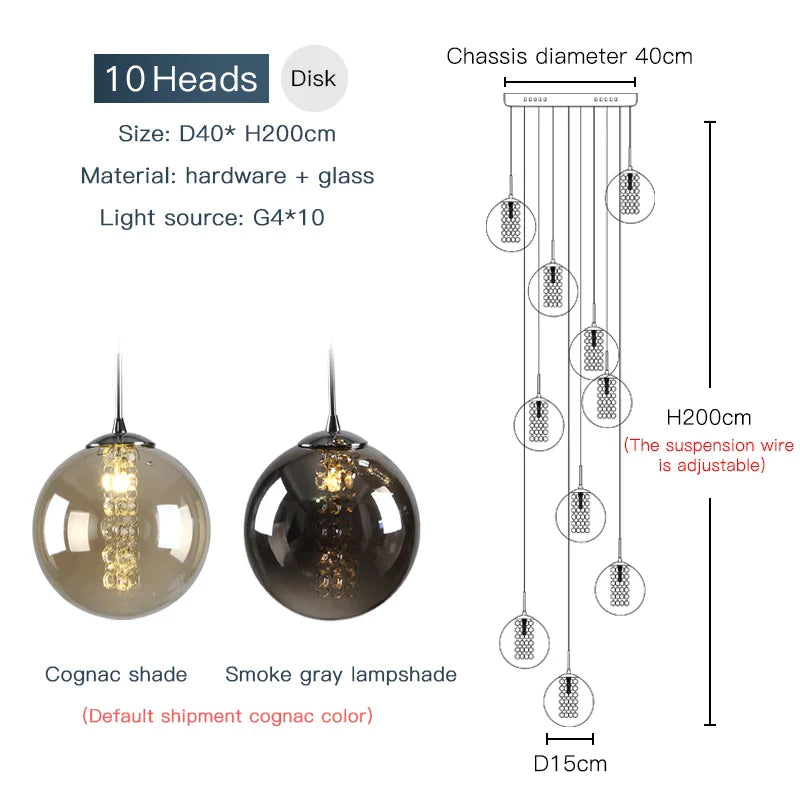 Luxurious Spiral LED Chandelier for Home & Hotel - 10 heads / Cognac glass / Gold chassis|changeable - Chandelier