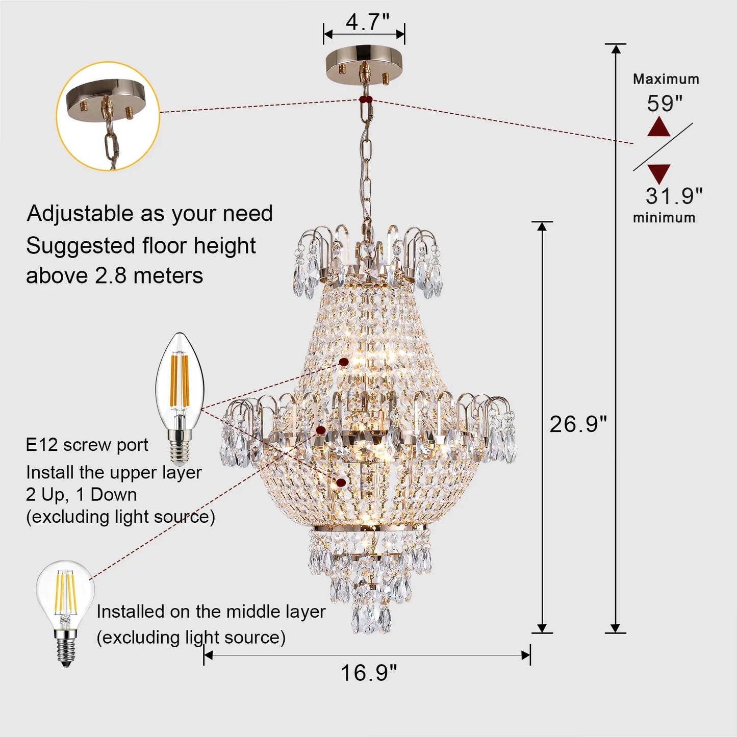Luxury Crystal Chandelier Copper Color 7-Light Fixture - United States - Chandelier