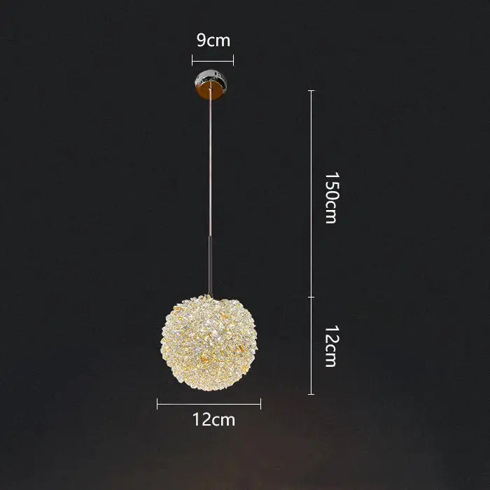 Luxury gold and amber crystal ball pendant light with spherical design hanging by a slender metallic rod for decorbites pendant light