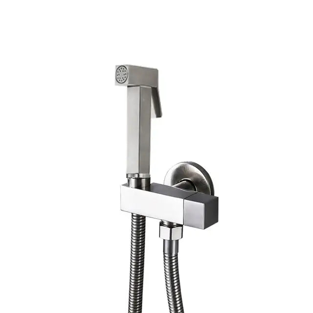 Matte black handheld bidet faucet sprayer with ribbed grip and modern stainless steel rectangular shower sprayer design
