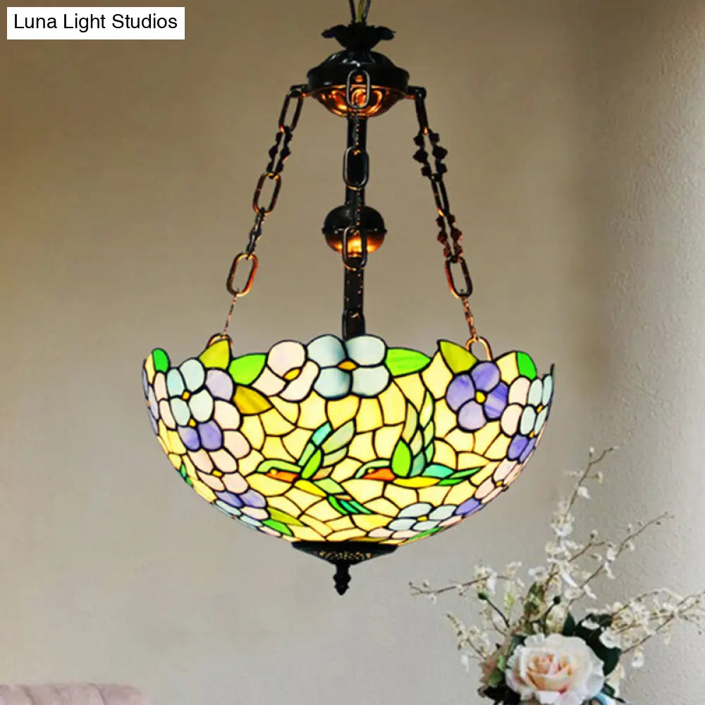Mediterranean Flower Stained Glass Chandelier Pendant Light - 3-Light Weathered Copper Suspension Lamp