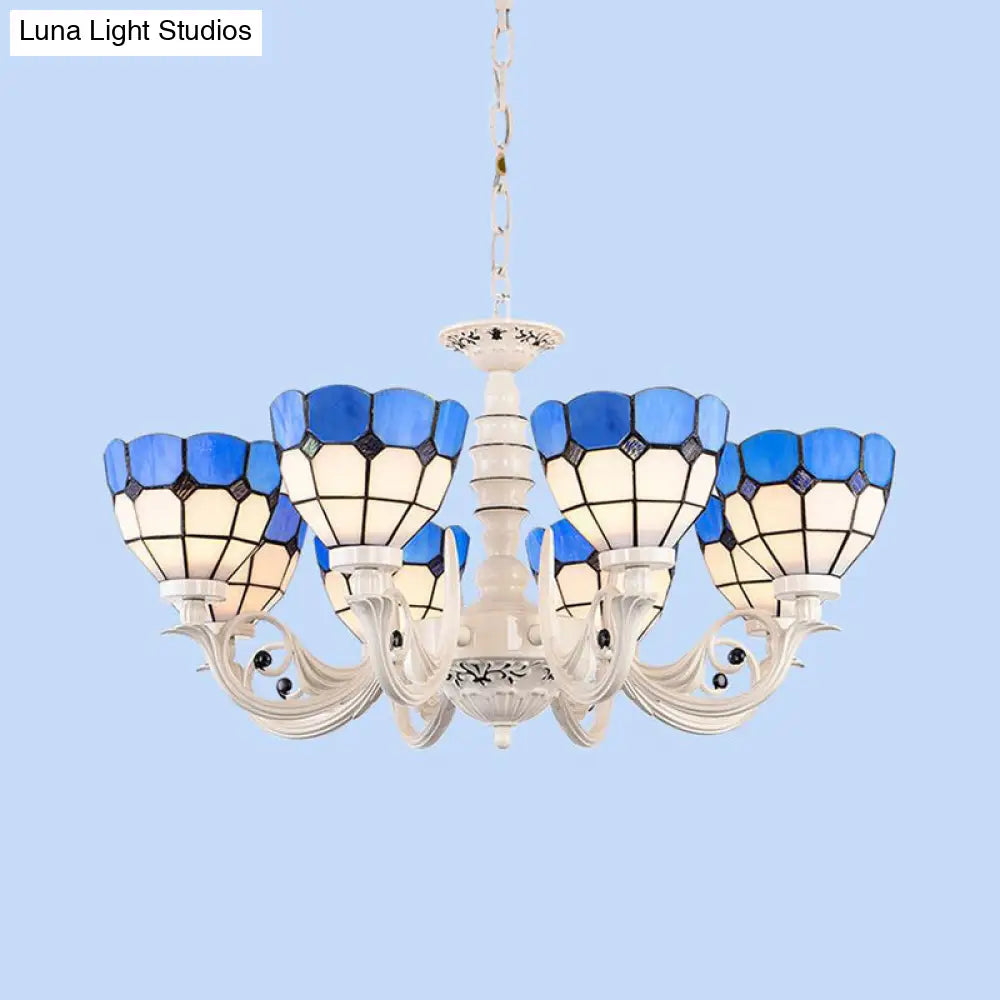 Mediterranean Stained Glass Dome Chandelier - 3/5/8 Light Pendant for Living Room in White