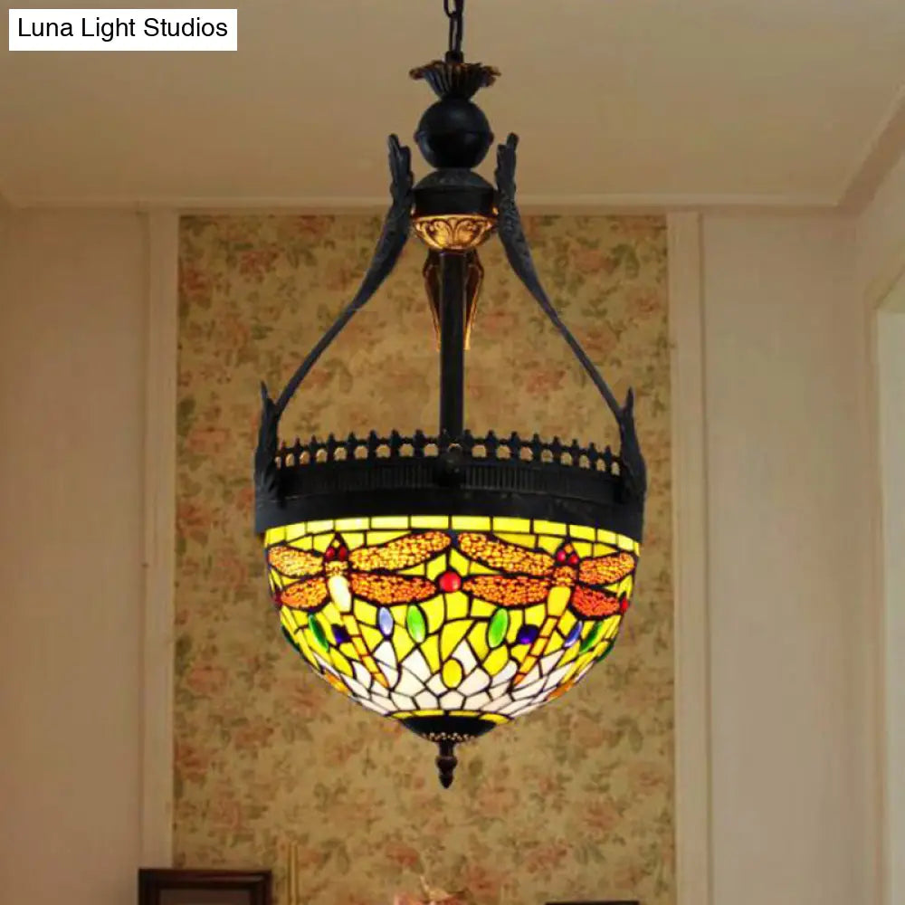 Mediterranean Stained Glass Dragonfly Chandelier Lamp - 3 Lights, Orange/Green Pendant