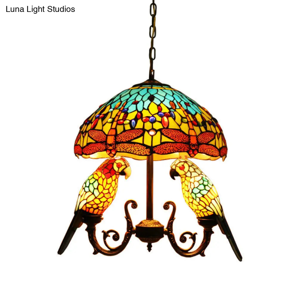 Mediterranean Stained Glass Pendant Chandelier with Parrot Deco in Yellow