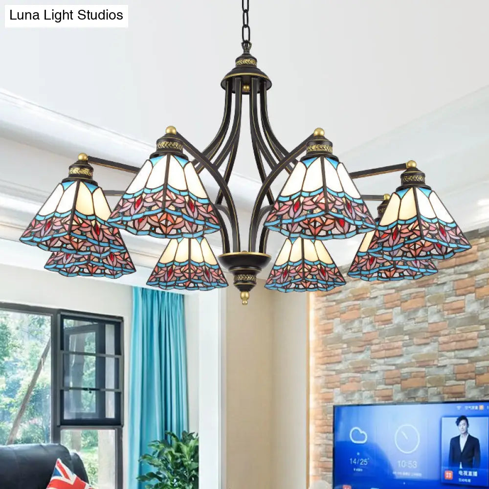 Mediterranean Stained Glass Pyramid Chandelier with 3/6/8 Lights in Vibrant Pink & Blue or Orange & Blue - Perfect for Living Room Ceiling!