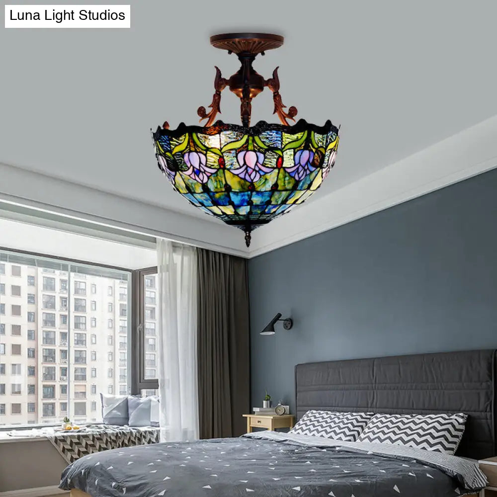 DecorBites™ DecorBites™ Mediterranean Stained Glass Semi Flush Mount Light - 3 Red/Blue Lights for Living Room Ceiling