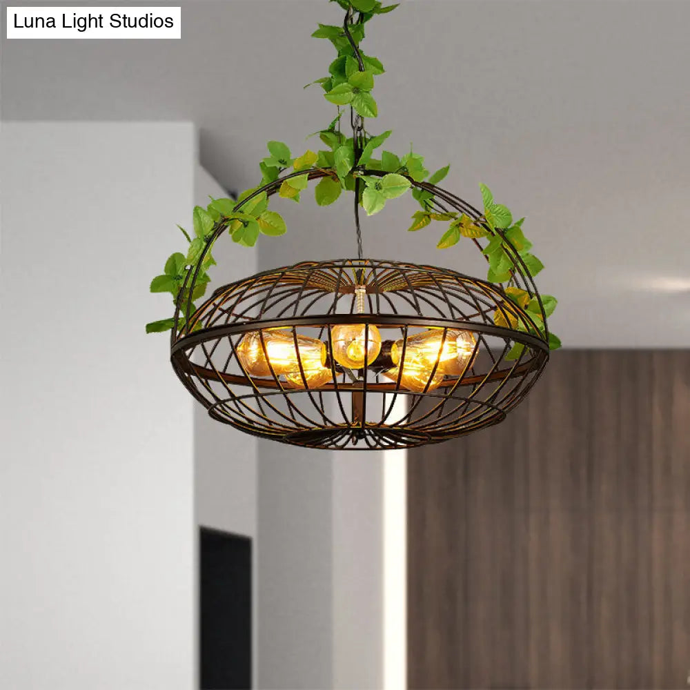 Metal Pendant Chandelier: 5-Bulb Industrial Black Basket-Cage Shade with Hanging Lamp and Plant – Ideal for Restaurants