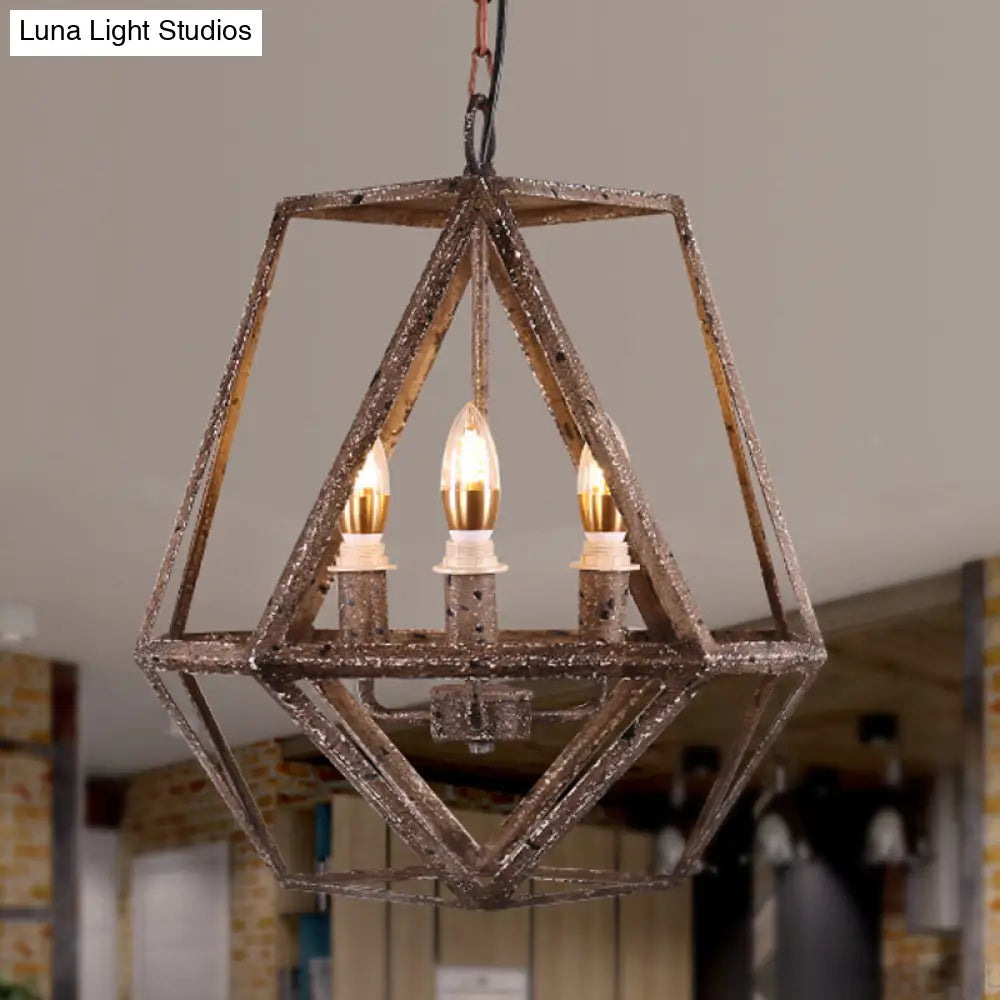 Metal Prismatic Cage Pendant Lamp: Rustic Stylish 3-Heads Chandelier Light Fixture with Adjustable Chain in Rust for Living Room