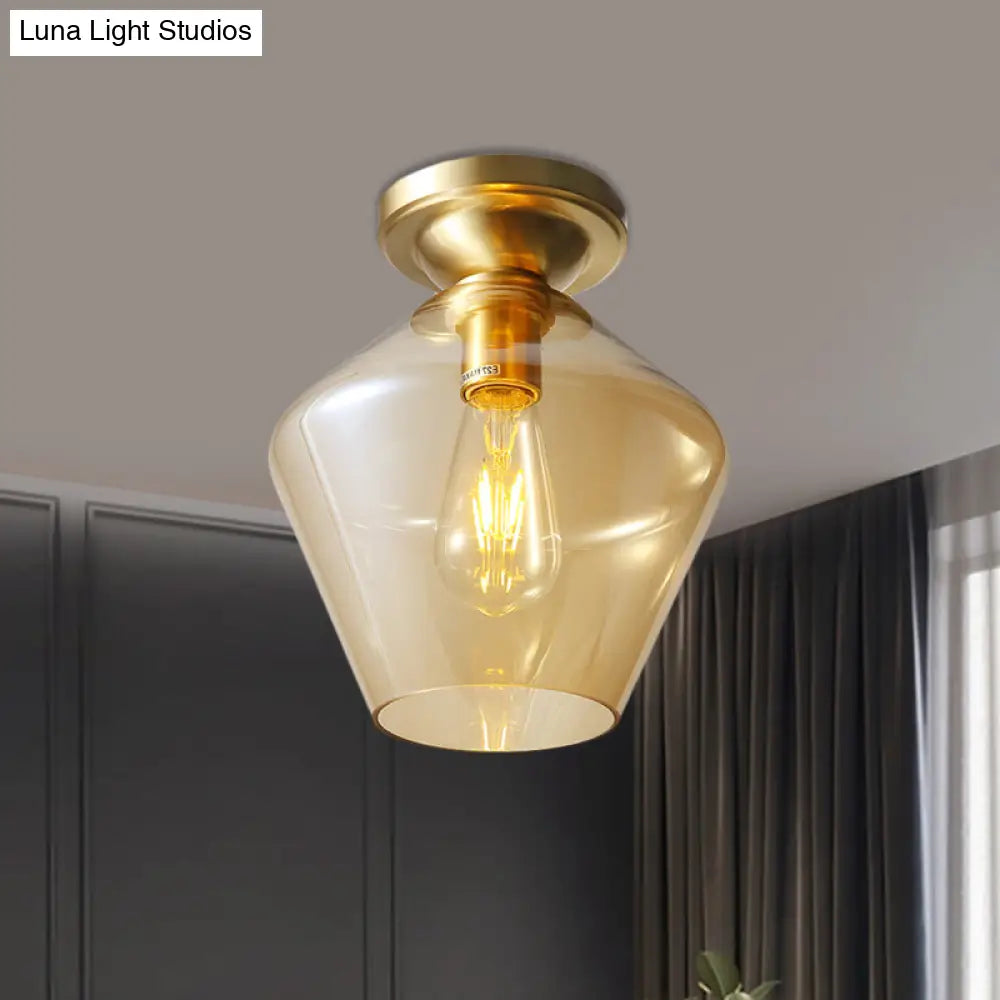 DecorBites™ DecorBites™ Mid Century Glamour: Cognac Glass Diamond Shaped Brass Flush Mount Ceiling Lamp - Single 9"/15" Wide