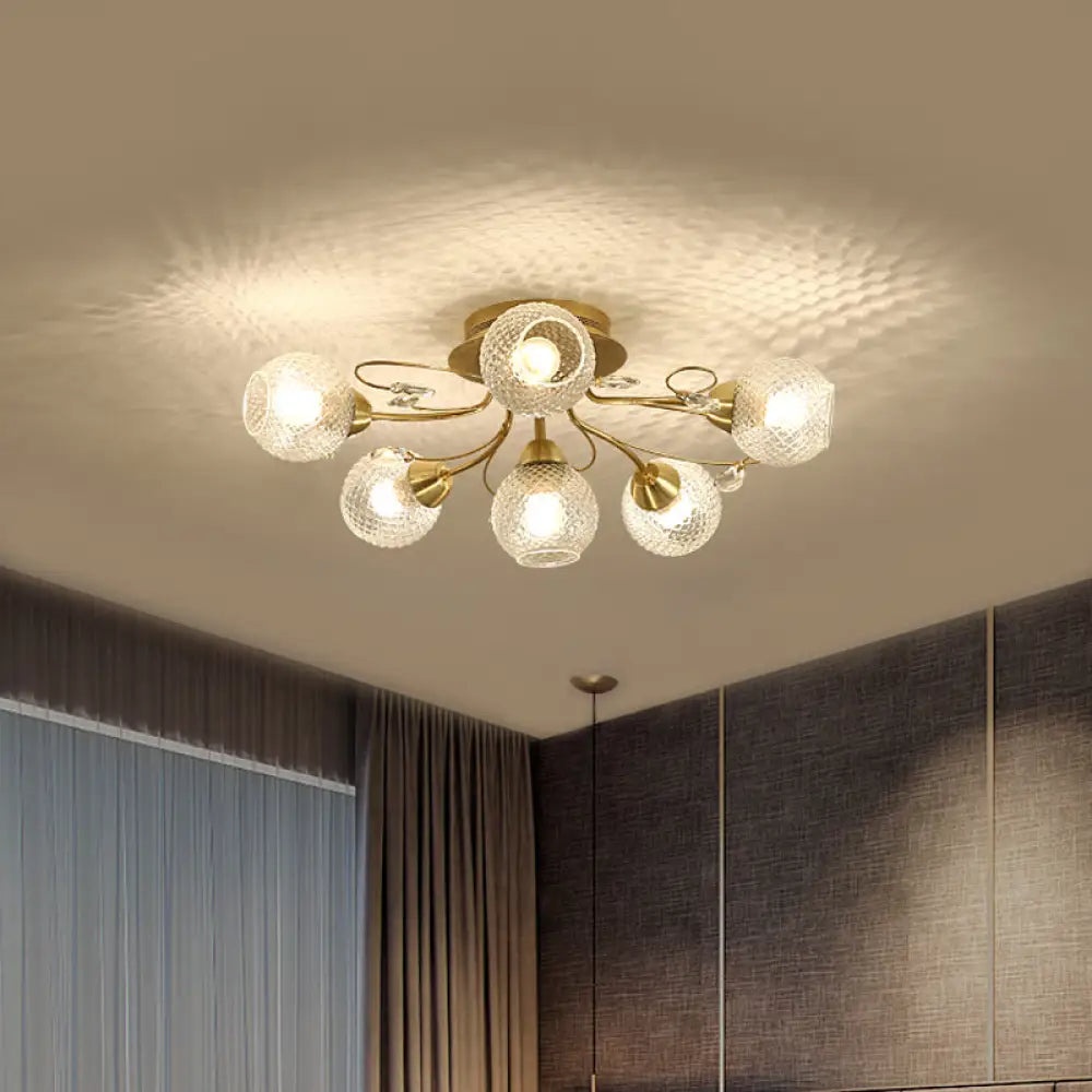 DecorBites™ DecorBites™ Minimal Clear Glass Globe Ceiling Mounted Fixture - 6 Bulb Semi Flush Light in Black/Gold