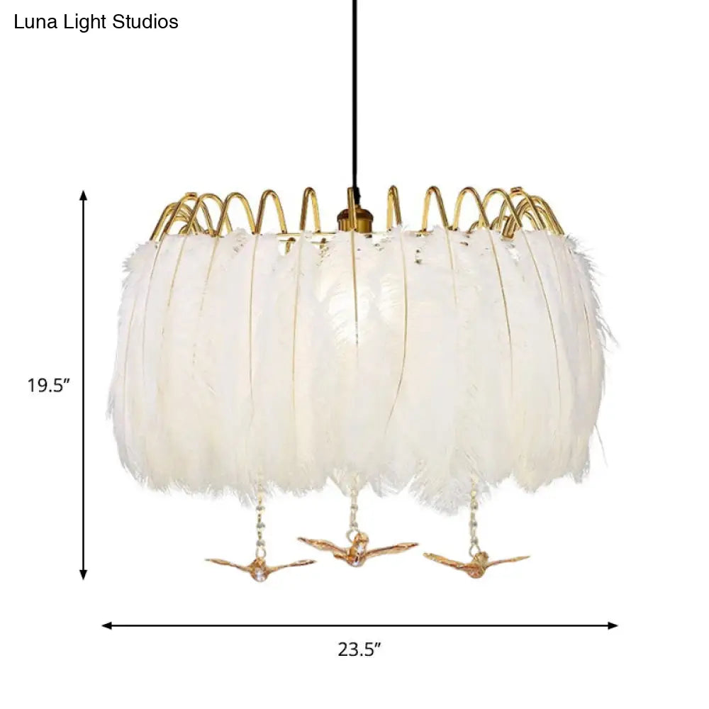Minimalist 4-Head White Feather Metal Chandelier Light Fixture for Bedroom