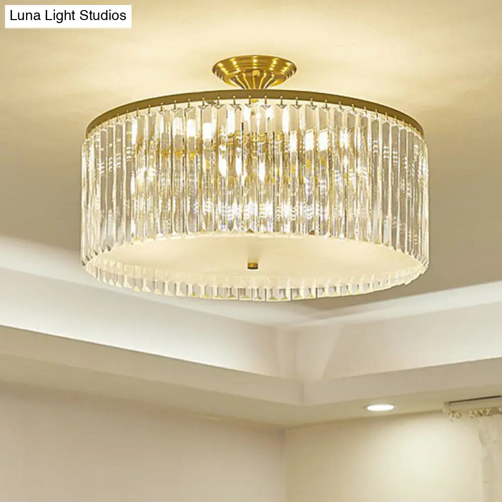 DecorBites™ DecorBites™ Minimalist Bedroom Sparkle: Clear Crystal Drum Semi-Flush Mount Ceiling Light with a Minimalist Design