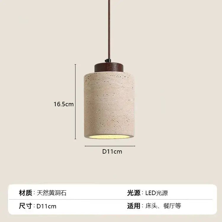 Cylindrical pendant light with a textured beige stone shade and dark brown wooden top for kitchen or dining room ceiling tray