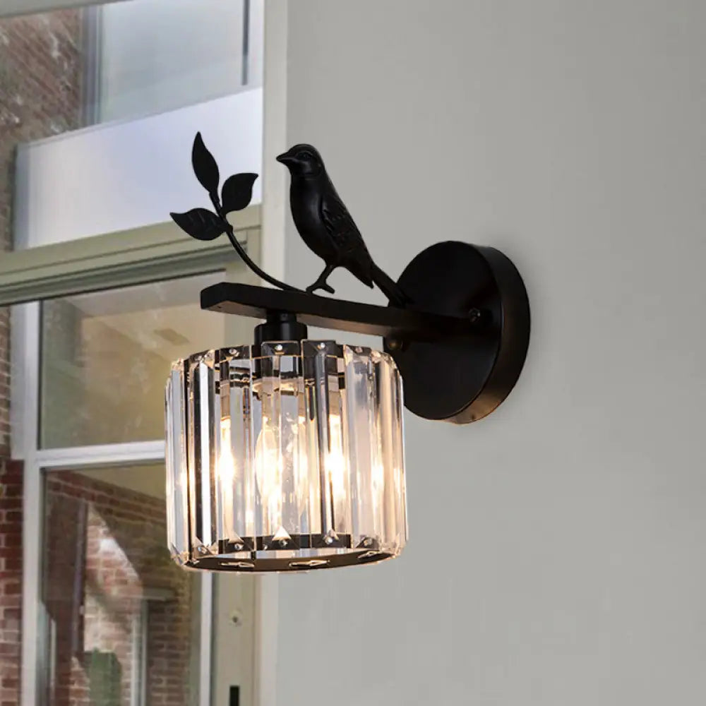 DecorBites™ DecorBites™ Minimalist Black/Gold Wall Sconce with K9 Crystal Cylinder and Bird Detail - 1 Bulb Wall Light