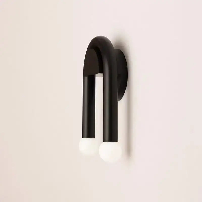 Minimalist black modern wall lamp with matte finish curved u-shaped design and two frosted glass globes for decorbites black modern decor